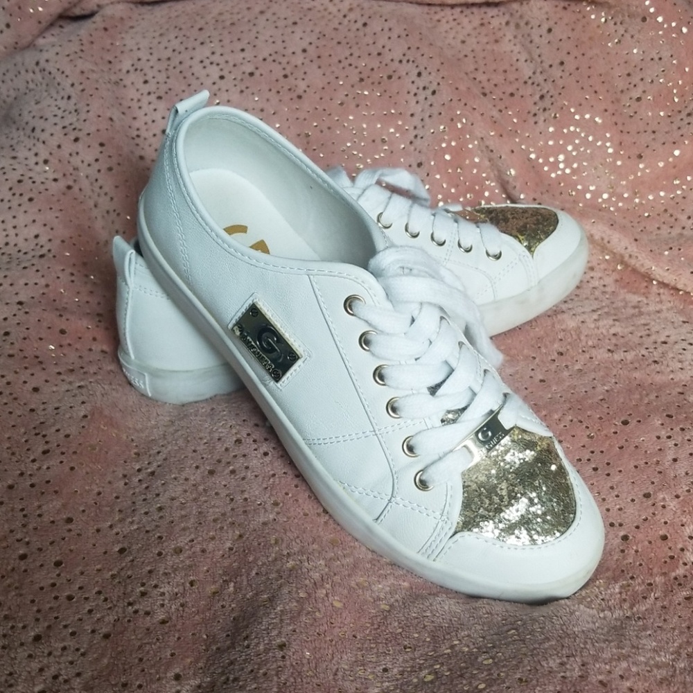 G by Guess White and Gold Sparkle Sneakers